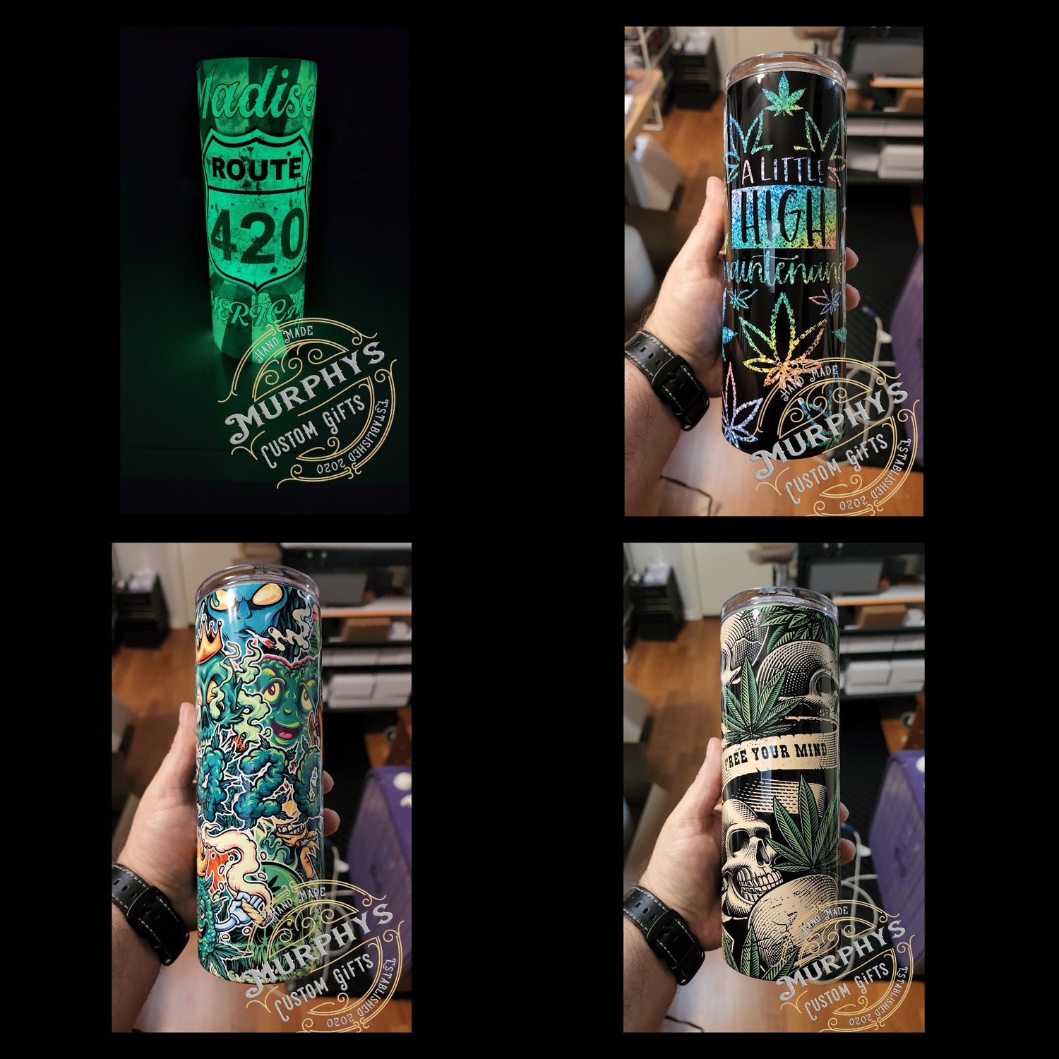 weed 20oz tumbler glow in the dark Route 420 high stickers skull